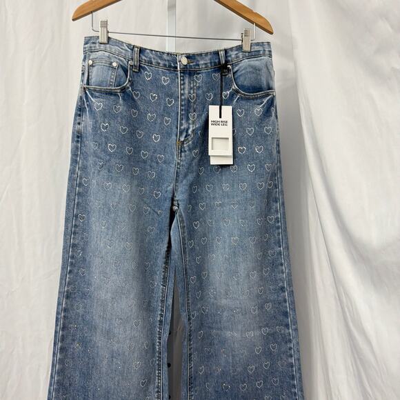 Oat New York High Rise Wide Leg Jeans Womens Size 10 30 Embellished Hearts Blue - Picture 6 of 11